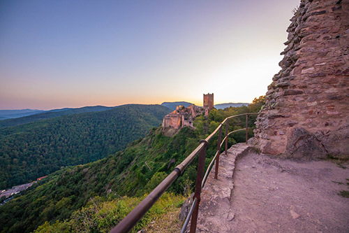 Mittelalterliche Burgen von Ribeauvillé über den elsässischen Weinbergen